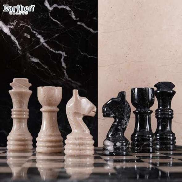 Earthen Crafts Marble Chess Set 12" Handmade Black Zebra And Verona Board Games For Adults, Ideal Marble Chess Board Game Set & Chess Pieces For Home And Outdoor Decor