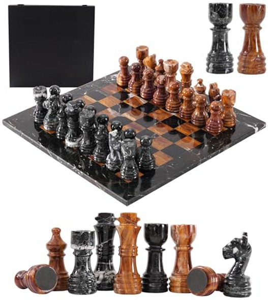 Earthen Crafts Marble Chess Set 12" Inches Handmade Black Zebra And Red Board Games For Adults, Ideal Marble Chess Board Game Set & Chess Pieces For Home Decor