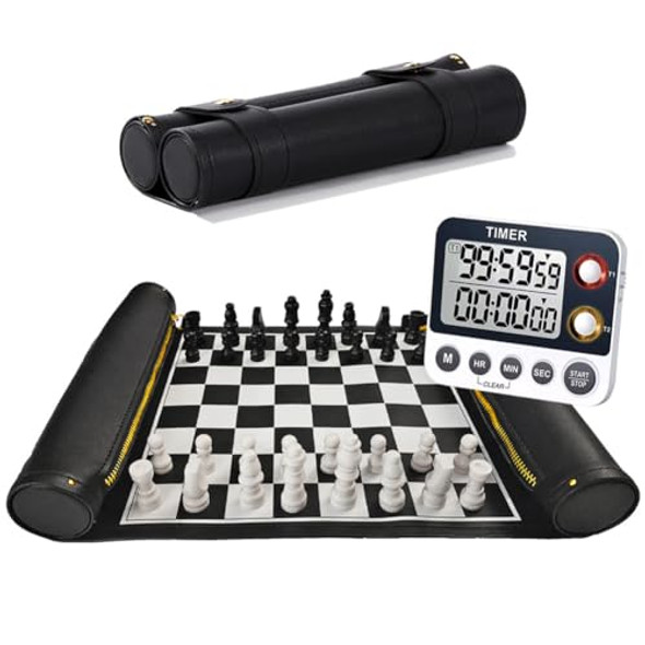 Edgell House Roll Up Chess Set Portable Includes Travel Chess Mat With Chess Board Pieces And Dgt Chess Timer Clock All In One Portable Chess Equipment Set