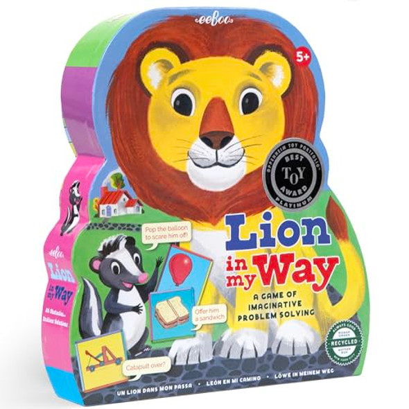 Eeboo: Lion In My Way Game - 25 Path Cards, 100 Tool Cards, Children'S Imaginative Problem Solving Game, Lion Shaped Box, Kids Ages 5+
