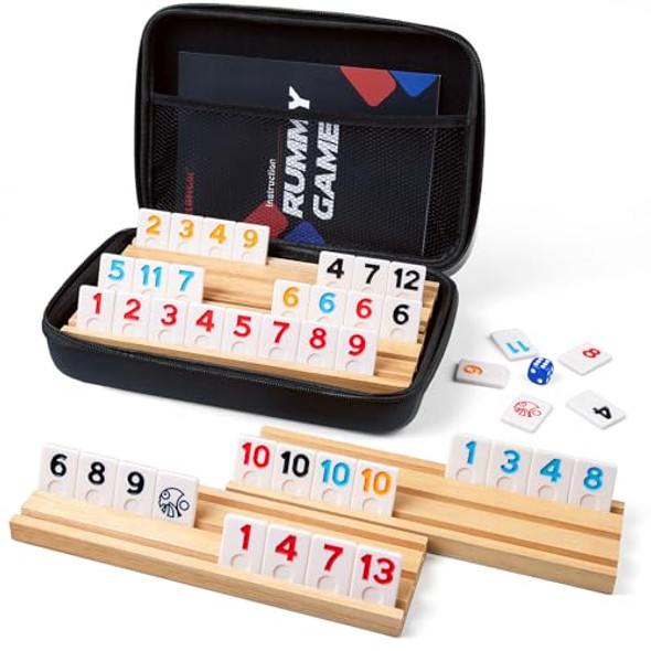 Elongdi Rummy Cube Game Set With 4 Wooden Racks,106 Rummy Tiles And Portable Case,Classic Travel Board Games For Family Adults And Kids