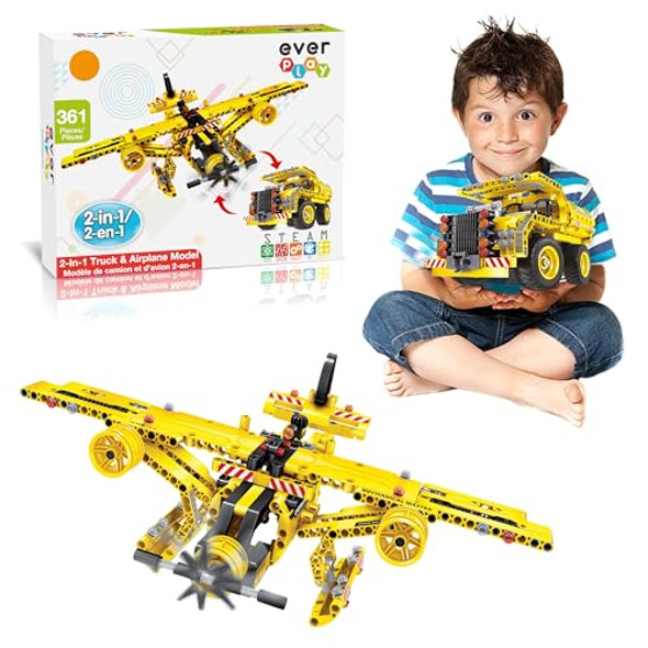 Everplay Everplay 361 Piece 2-In-1 Flying Propeller Airplane & Dump Truck Model Construction Building Brick Blocks Diy Transforming Engineer Take-A-Part Toy Set Stem Learning Kit School Kids Boys Girls Age 6