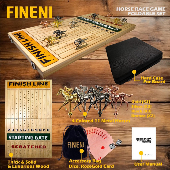 Fineni Horse Racing Game For Adults, Foldable Horse Race Board Game With 11 Luxurious Metal Horses (Gold, Silver, Black, Rosegold), 22” Pine Wood Horse Race Game Board, Dice & Rosegoldcard (Log Color)