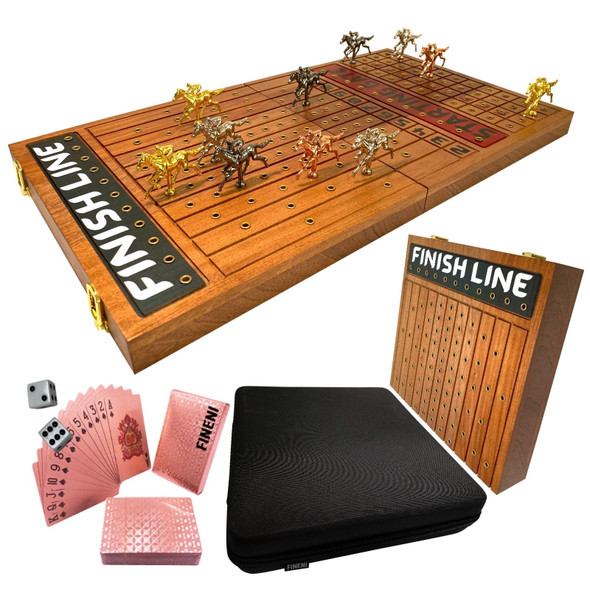 Fineni Horse Racing Game For Adults, Foldable Horse Race Board Game With 11 Luxurious Metal Horses (Gold, Silver, Black, Rosegold), 22” Sapele Wood Horse Race Game Board, Dice & Rosegold Card (Sapele)