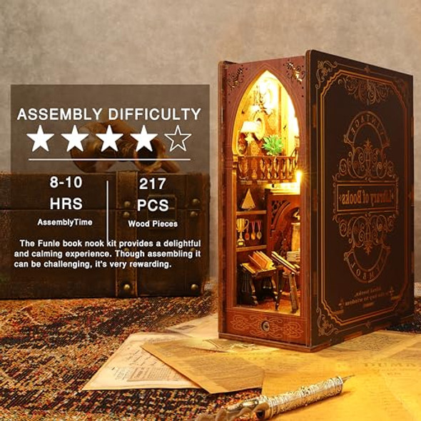Funle Book Nook Kit For Adult, Diy Miniature Dollhouse Booknook Kit With Led Lights, 3D Wooden Puzzle Bookend For House Home Library Decor Funle Book Nook Kit For Adult, Diy Miniature Dollhouse Booknook Kit With Led Lights, 3D Wooden Puzzle Bookend For House Home Library Decor