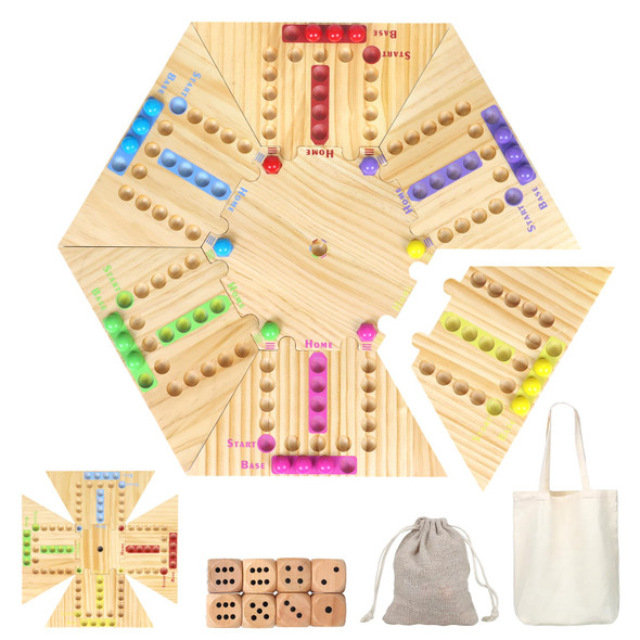 Glowsky Fast Track Board Game, 18" Detachable Wooden Board Game For 2-6 Players, Portable Marble Game With 32 Marbles And 8 Dices For Family, Friends, Party Game Night