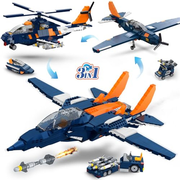 Hogokids 3 In 1 Fighter Jet Plane Building Sets, Military Propeller Aircraft Gunship Building Toys With Vehicle/Rocket Launcher/Speedboat Model Toys, Birthday For Kids, Boys And Girls 10+, 738Pcs