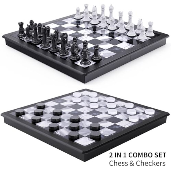 Hongtuo 2-In-1 Chess Set And Magnetic Checkers Set - Foldable 13-Inch Travel Board Game, Durable Plastic, Puzzle And Strategy Toys For Kids And Adults