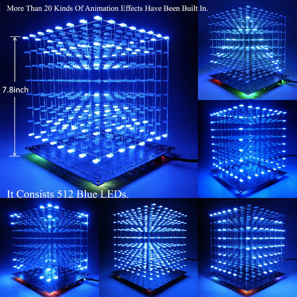 Icubesmart 3D Led Cube Light Diy Kit With 3D Animation Editing Software Squared Led 8X8X8 Electronic Toy For Children And Teenagers Learning Activities Suit(3D8S-Blue)