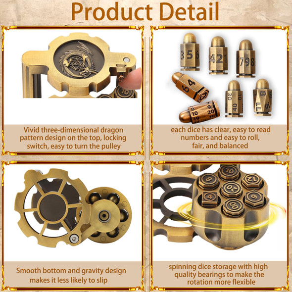 Ifcow Ifcow Metal Polyhedral Bullet Dice Set 7 Metal Bullet Shape Dice Spinning Revolver Cylinder Dice Holder, For Trpg Board Games Tabletop Games