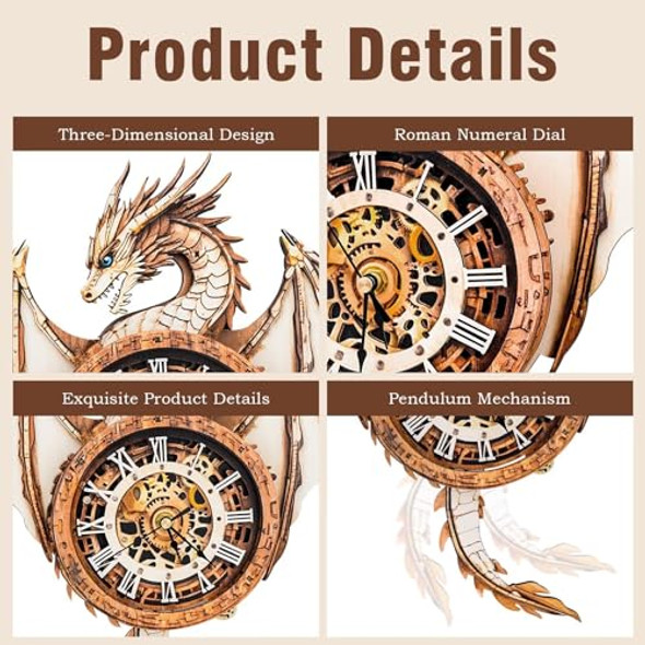 Jollitot 3D Puzzles For Adults, Dragon Wall Clock 3D Wooden Puzzles Clock Kits For Diy Birthday For Women Men Home Decor Holiday Christmas
