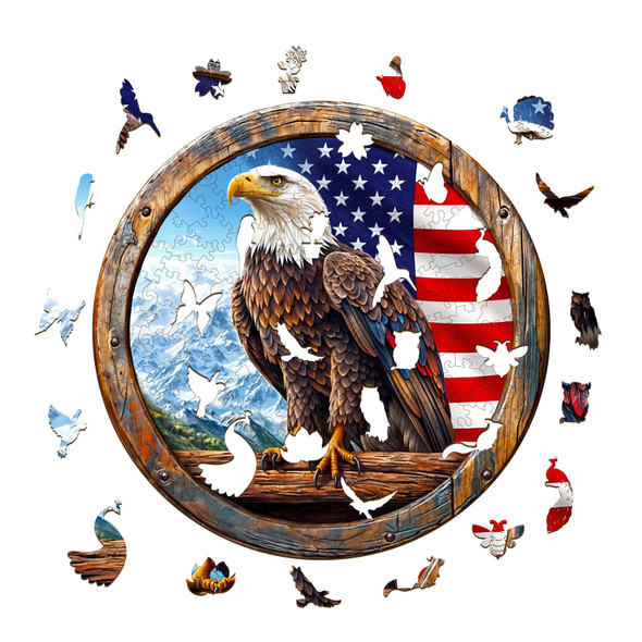 Kaayee Wooden Puzzles For Adults, 3D Vision Effect Bald Eagle Wooden Jigsaw Puzzle Unique Shape Wood Puzzle Adult, Flat Puzzle Birthday Fathers Family Game (S-8.5 8.5In-100Pcs)
