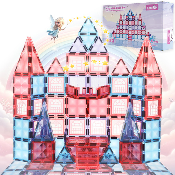 Little Pi Little Pi 104Pcs Frozen Princess Castle Magnetic Tiles Building Blocks - 3D Diamond Blocks, Stem Educational Toddler Toys For Pretend Play, 4 Year Old Girl Birthday S Kids Ages 3 5 6 7 8 - Pink