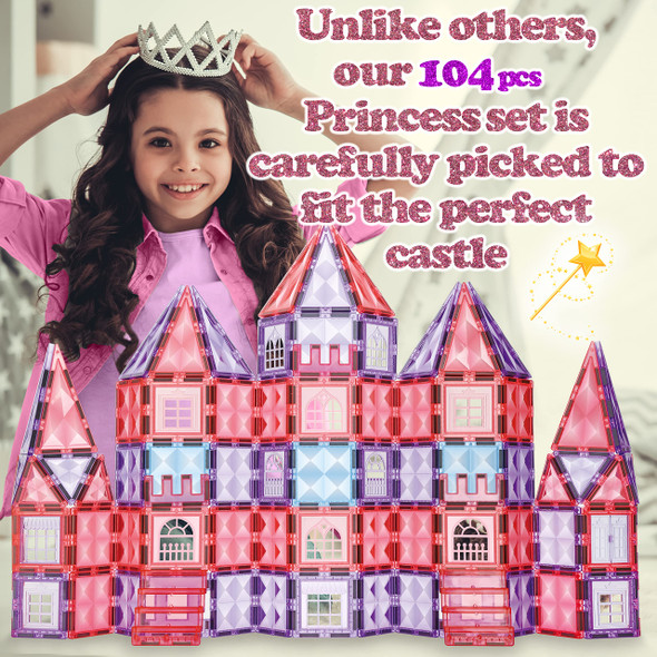 Little Pi Little Pi 104Pcs Frozen Princess Castle Magnetic Tiles Building Blocks - 3D Diamond Blocks, Stem Educational Toddler Toys For Pretend Play, 4 Year Old Girl Birthday S Kids Ages 3 5 6 7 8 - Pink