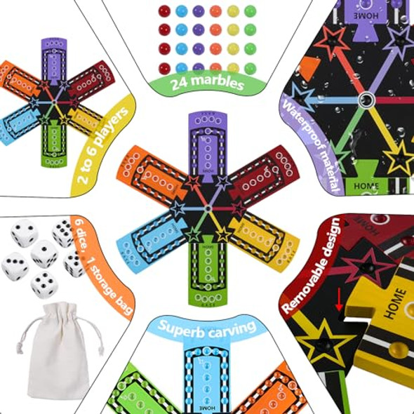 Medikaison Wahoo Splicing Board Game Original Board Game Color Printing Portable Gaming Board For 6 Players 6 Piece Splicing Game Board 6 Colors 24 Marbles 6 Dice (6 Players-Splicing)