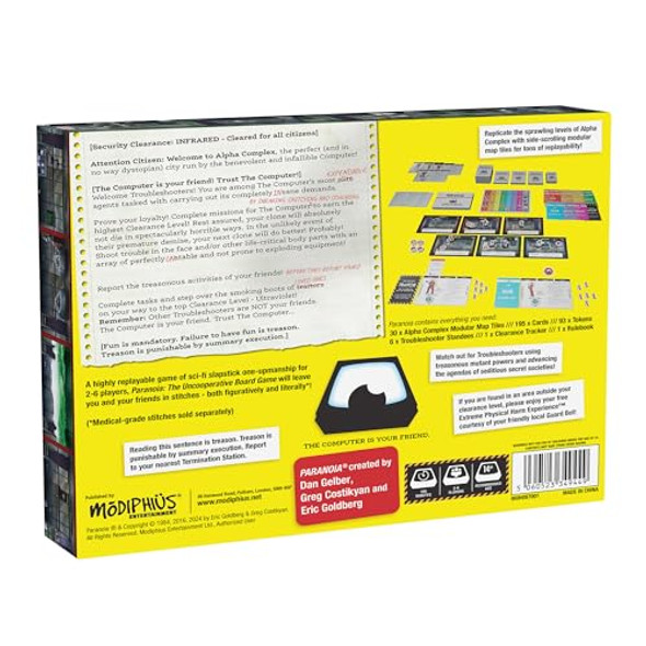 Modiphius Paranoia: The Uncooperative Board Game - Strategic Betrayal & Survival In Alpha Complex, Great For Game Night With Adults, Ages 14+, 2-6 Players, 120 Min Playtime, Made By Modiphius Entertainment