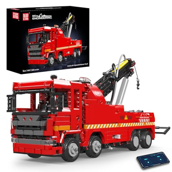 Mould King Rescue Tow Truck Building Set, Engineering Pneumatic Crane Toy Model Kit, App/Remote Control Construction Vehicles Building Block Set, Great For Adult Boys Teens(1653 Psc)