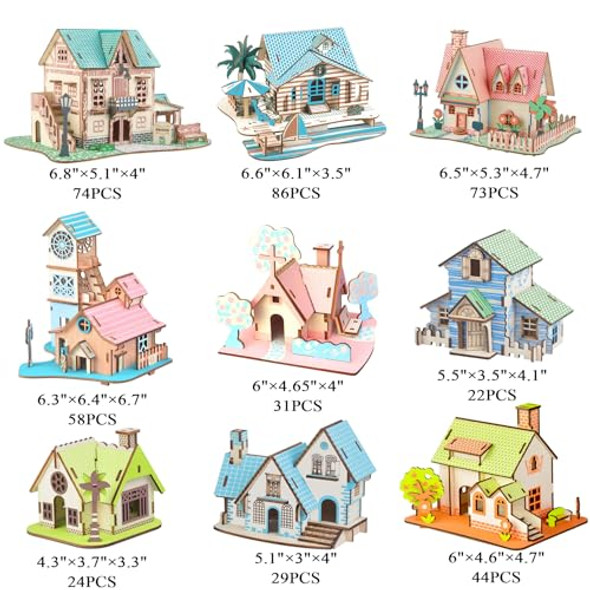 Mpiuet 3D Wooden Puzzles 9Pcs Set Little House Model Kits Log Cabin Building Model 3D Cottage Jigsaw For Men Women Adults Tabletop Decoration For Christmas