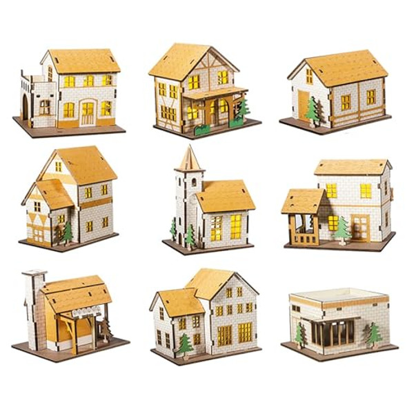 Mpiuet 3D Wooden Puzzles 9Pcs Set Little House Model Kits Log Cabin Building Model 3D Hut Jigsaw For Men Women Adults Tabletop Decoration