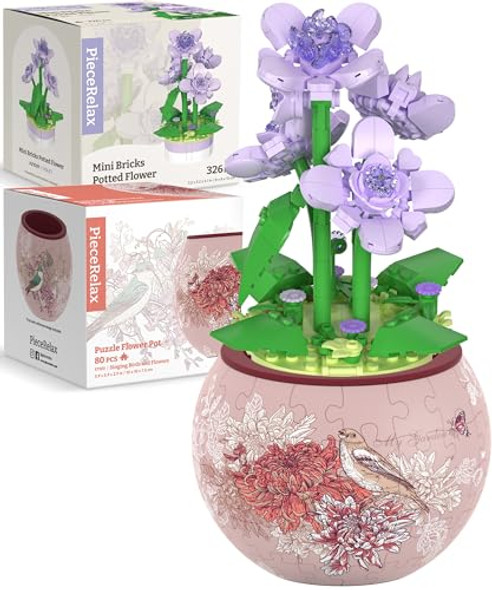 Piecerelax Puzzle Planter And Flower Decoration Building Set - Singing Birds And Flowers With Lotus (3D Puzzle Planter With Flower Bouquet Building Decoration Set) [K1100+Kz1029]