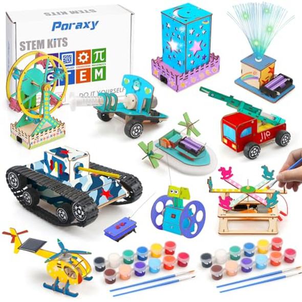 Poraxy 10 Set Stem Kits For Kids 8-10-12, Toys For Ages 8-13, S For 8 9 10 11 12 13 Year Old Boys And Girls, Arts And Crafts, Model Car Kits, Wooden 3D Puzzles, Science Building Projects Kits