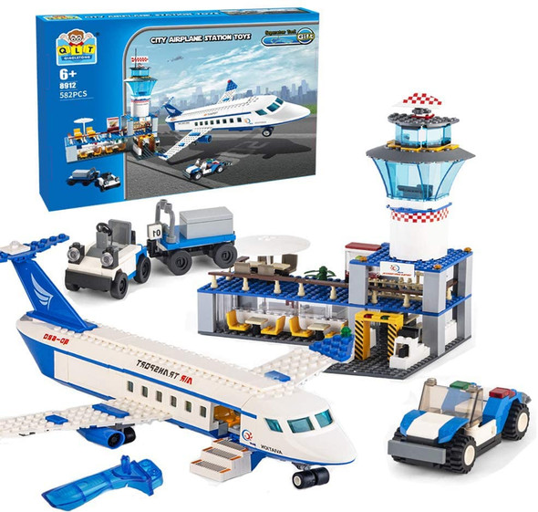 Qlt Qiaoletong City Airplane Station Building Kits Toys,Stem Building Sets For Kids, With Helicopter/Airport/Passenger/Lorry Truck/Car, Best For 6-12 Boys Girls (582 Pieces)
