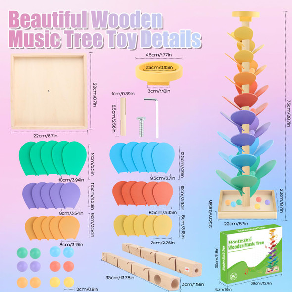 Receka Wooden Marble Run Music Tree Montessori Toys For Kids 3+ Years Old Marble Ball Run Learning Game Wood Color Sorting Toys For 4-8 Boys And Girls Birthday