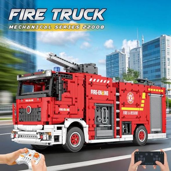 Reobrix Fire Truck Building Set For Adults, Big Rescure Fire Vehicle With Water Spray Device, App And Remote Control Firetruck Bricks 22008, Fire Engine Building Kit For Men, Ideal S For Kids 14+