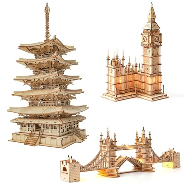 Robotime 3D Puzzle Wooden Craft Kits Diy Model Building Kit Five-Storied Pagoda & Big Ben & Tower Bridge Robotime 3D Puzzle Wooden Craft Kits Diy Model Building Kit Five-Storied Pagoda & Big Ben & Tower Bridge