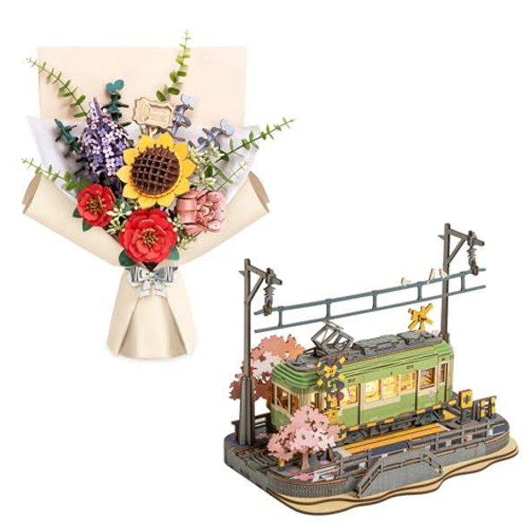Robotime 3D Puzzles For Adults Diy Model Building Toy Wooden Craft Kit (Sakura Journey & Wooden Flower Bouquet)