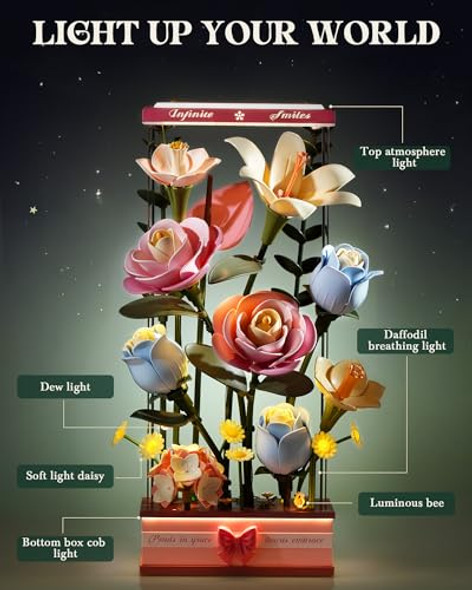 Rokr 3D Puzzles For Adults, Diy Flower Building Block Set With Dynamic Blooming And Led Light, Botanical Craft Kit Birthday Christmas Thanksgiving Housewarming S For Adults Women Girls Men