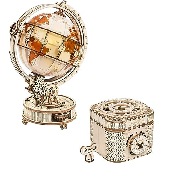 Rokr 3D Wooden Puzzles For Adults Bundle Set - Illuminous Globe & Treasure Puzzle Box, Unique Hobby For Boys Girls Family Rokr 3D Wooden Puzzles For Adults Bundle Set - Illuminous Globe & Treasure Puzzle Box, Unique Hobby For Boys Girls Family