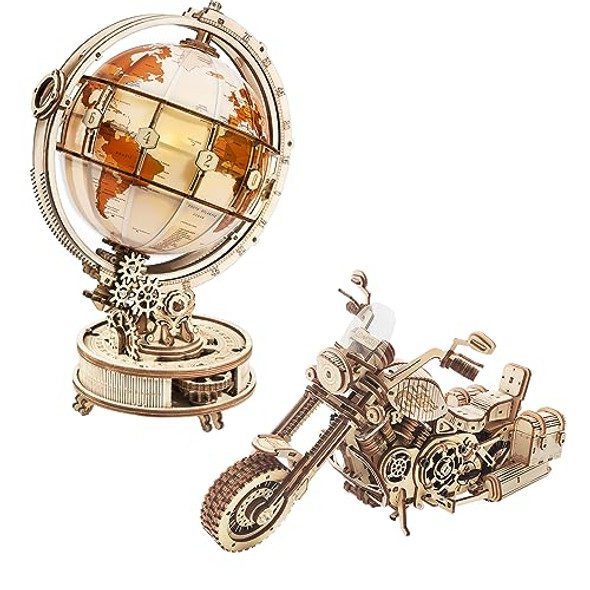 Rokr 3D Wooden Puzzles For Adults Bundle Set - Illuminous Globe & Motorcycle Car Model Kit, Unique Hobby For Boys Girls Family Rokr 3D Wooden Puzzles For Adults Bundle Set - Illuminous Globe & Motorcycle Car Model Kit, Unique Hobby For Boys Girls Family