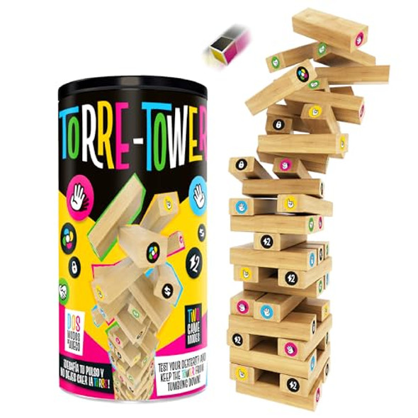 Ronda Tumble Tower Game - Wooden Family Board Game, Develops Motor, Mental, And Sensory Skills, Includes 48 Pieces, Stickers, And Dice