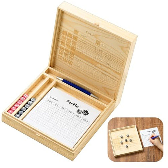 Skylety 8.66 Inch Farkle Wooden Dice Tray And Storage Case With Lid Printed Rules Classic Board Game Set Includes 2 Sets Of 6 Pearl Dice, 50 Scoreboard And Pen 1 Pen For Classic Family Game Wood Color