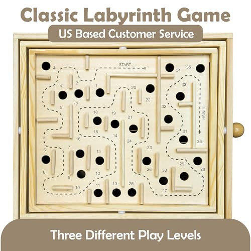 Sterling Sterling Games Wooden Labyrinth With 3 Swappable Boards – Classic Maze Game With 60, 36, And 25 Waypoints – Wooden Tilt Puzzle With Knob Control And 3 Steel Marbles For Kids Age 6+