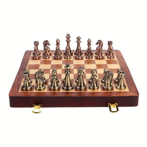 Strategyify 15-Inch Metal Chess Set With Wooden Storage Box - Folding Travel Board, Alloy Chess Pieces For Adults, Strategy Game & Home Decor