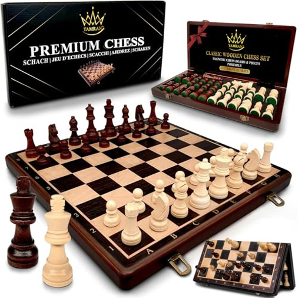 Tamran Magnetic Wooden Chess Board Game Set - 15 Inches Chess Sets For Adults And Kids, Foldable Chess Board Game, Handmade Portable Travel Chess Game, Chess Set For Begginers And Pros (Walnut Color)