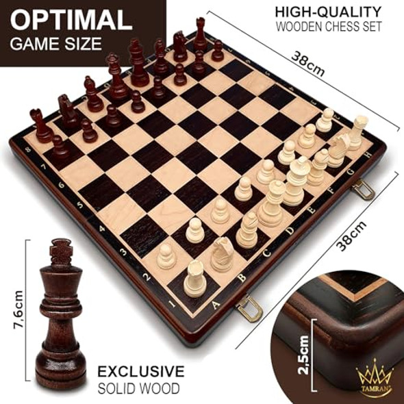 Tamran Magnetic Wooden Chess Board Game Set - 15 Inches Chess Sets For Adults And Kids, Foldable Chess Board Game, Handmade Portable Travel Chess Game, Chess Set For Begginers And Pros (Walnut Color)