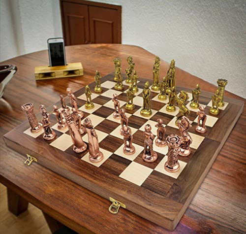Theguria Statue Solution Roman Style Brass Chess Board Game Luxury With 16”×16” Lekr Wooden Board For Playing And Ing Antique Finish.
