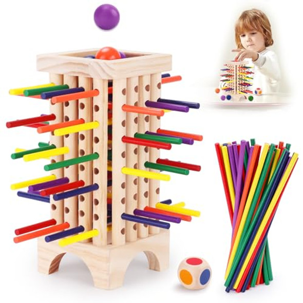 Timissu Montessori Wooden Board Games For Kids 42 Colorful Stacking Wooden Sticks Dice Game Fine Motor Skills Montessori Toys For 3 4 5 6 Year Old Girl Boy Educational Learning Ages 4-8