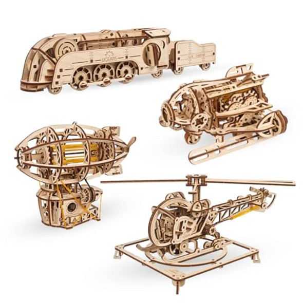 Ugears Bundles Steampunk Submarine, Mini Locomotive, Mini Helicopter, Steampunk Airship Ugears Wooden 3D Puzzles For Adults - Wood Mechanical Model With Moving Parts For Adults To Build - Building Kit