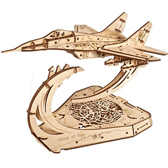 Ugears Wooden Airplane Model Kits - The Ghost Of Kyiv Ukrainian Fighter Jet Model Kit With Movable Ailerons, Wing Flaps & Tail Rudders - Mig-29 Military Aircraft - 3D Puzzles For Adults