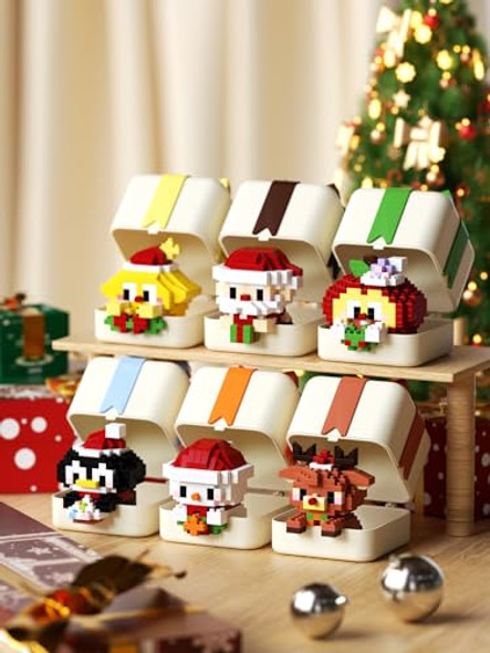 Uniqus Christmas Micro Brick Building Blocks With Boxes, Assorted Figures Santa Claus, Snowmen, Penguins, Elk, Stars, Apples