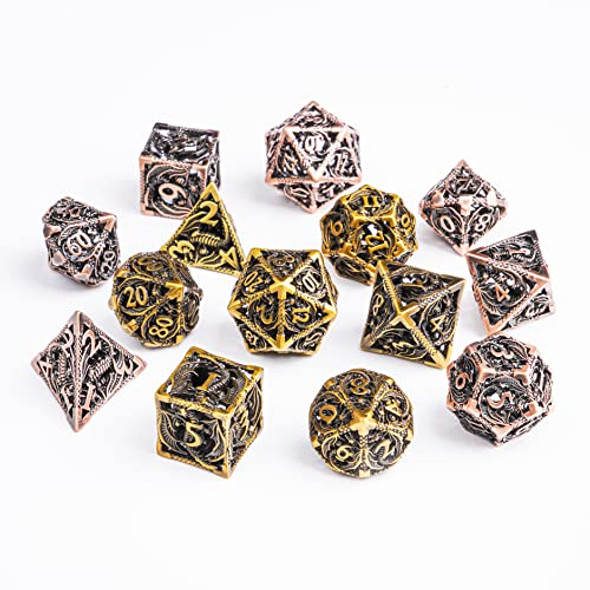 Uonuot Metal Dice Set Hollow Polyhedral Flying Dragon Metal Dice 2 Sets For Dungeons And Dragons Rpg Mtg Table Games D&D Pathfinder Shadowrun And Math Teaching