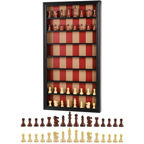 Wahartoly Giant Wall Mounted Board Game Wooden Chess Game Set With A Complete Set Of Carved Chess Pieces Vertical Display Cabinet For Home Games Hanging Art Home Decoration (Black)