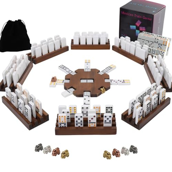 Wahartoly 8 Players Mexican Train Dominoes Game Set - Double 12 Dominoes With Wooden Hub, 8 Metal Trains & Domino Storage Bag Family Board Game For 2-8 Players