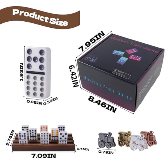 Wahartoly 8 Players Mexican Train Dominoes Game Set - Double 12 Dominoes With Wooden Hub, 8 Metal Trains & Domino Storage Bag Family Board Game For 2-8 Players