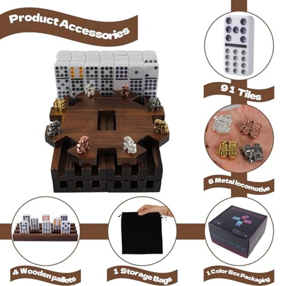 Wahartoly Mexican Train Dominoes Set With Wooden Hub, 91 Domino Tile Board Games Includes Metal Train Markers Color Dot Double Twelve Set With 4 Woodentile Rack For Family Game Night(Burnt Color)