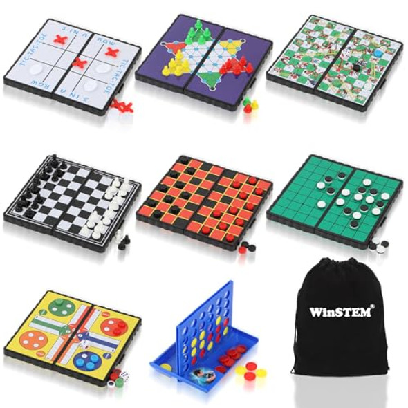 Winstem 8-In-1 Mini Travel Board Games Set, Magnetic Checkers Game With Folding Magnet Board, 4 In A Row Game, 5.2'' Compact Design Ideal For Family/Road Trip/Travel/Camping Party, Included Storage Bag